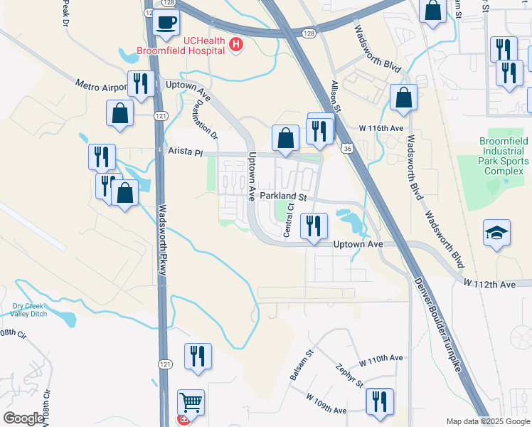 map of restaurants, bars, coffee shops, grocery stores, and more near 11296 Colony Circle in Broomfield