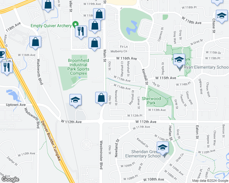map of restaurants, bars, coffee shops, grocery stores, and more near 11397 Newland Street in Broomfield