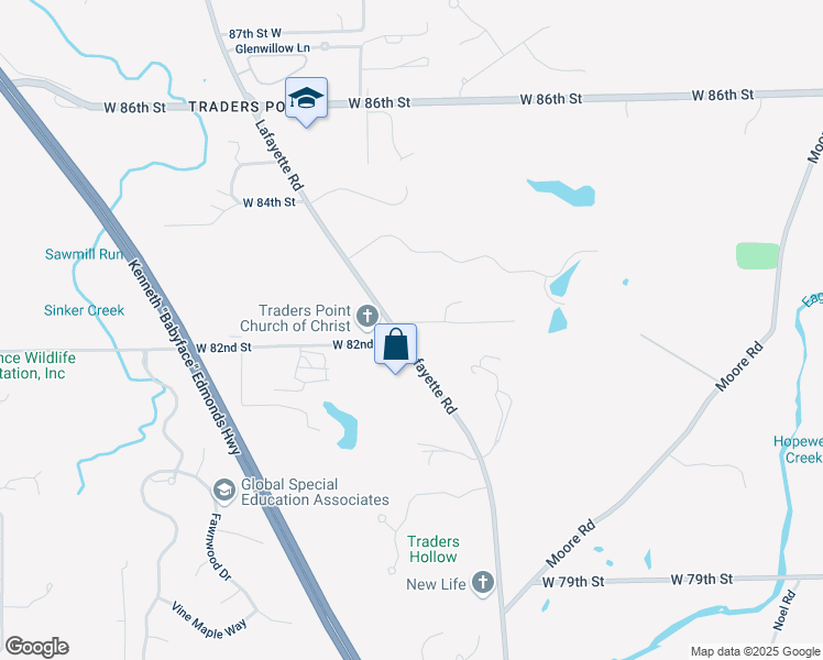 map of restaurants, bars, coffee shops, grocery stores, and more near 8199 Lafayette Road in Indianapolis