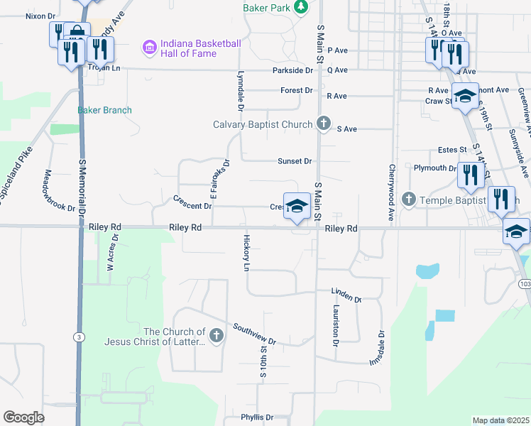 map of restaurants, bars, coffee shops, grocery stores, and more near 1009 Crescent Drive in New Castle