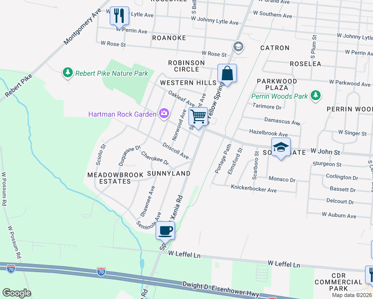 map of restaurants, bars, coffee shops, grocery stores, and more near 2000 Springmont Avenue in Springfield