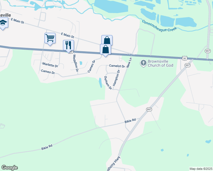 map of restaurants, bars, coffee shops, grocery stores, and more near 181 Durham Drive in Chambersburg
