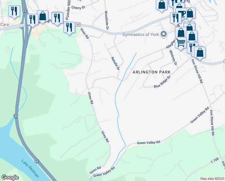 map of restaurants, bars, coffee shops, grocery stores, and more near 341 Shasta Drive in York