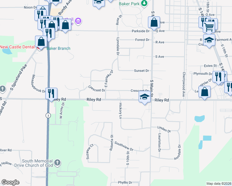 map of restaurants, bars, coffee shops, grocery stores, and more near 919 Crescent Drive in New Castle