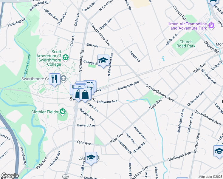 map of restaurants, bars, coffee shops, grocery stores, and more near 207 Dartmouth Avenue in Swarthmore