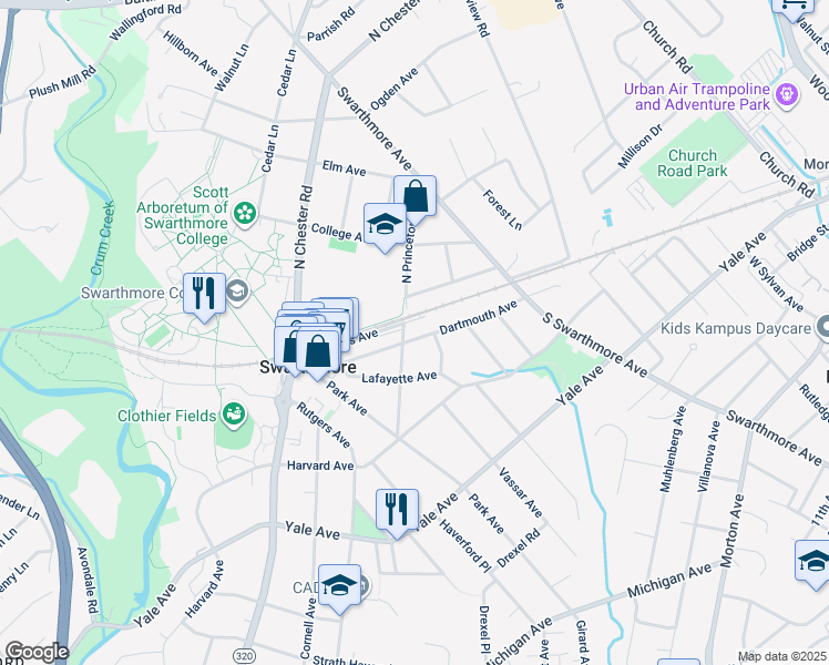 map of restaurants, bars, coffee shops, grocery stores, and more near 207 Dartmouth Avenue in Swarthmore