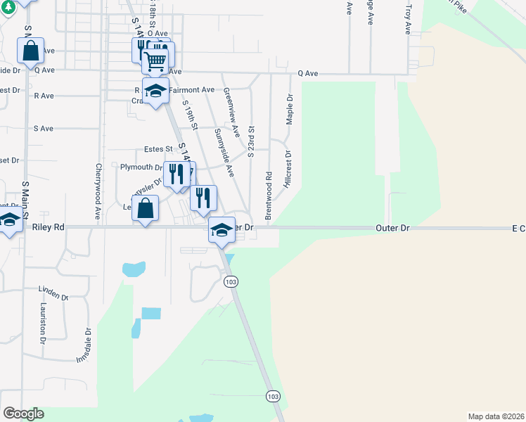 map of restaurants, bars, coffee shops, grocery stores, and more near 3040 Brentwood Rd in New Castle