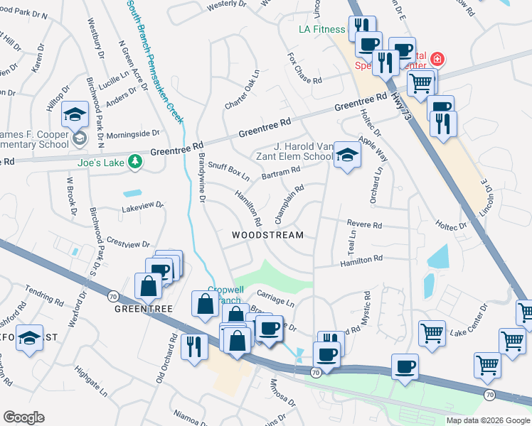 map of restaurants, bars, coffee shops, grocery stores, and more near 1 Hillcrest Heights in Evesham