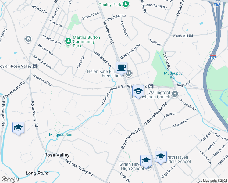 map of restaurants, bars, coffee shops, grocery stores, and more near 10 West Possum Hollow Road in Nether Providence Township