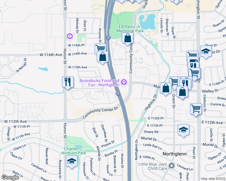 map of restaurants, bars, coffee shops, grocery stores, and more near 350 West 114th Avenue in Northglenn