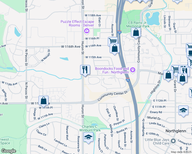 map of restaurants, bars, coffee shops, grocery stores, and more near 11310 Melody Drive in Northglenn