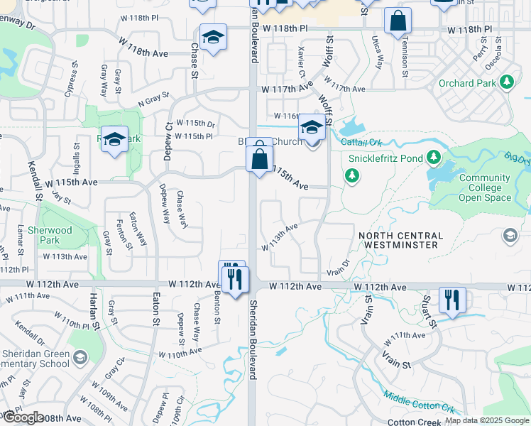 map of restaurants, bars, coffee shops, grocery stores, and more near 11374 Xavier Drive in Westminster