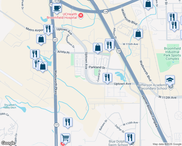 map of restaurants, bars, coffee shops, grocery stores, and more near 11296 Colony Circle in Broomfield