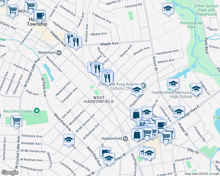 map of restaurants, bars, coffee shops, grocery stores, and more near in Haddonfield
