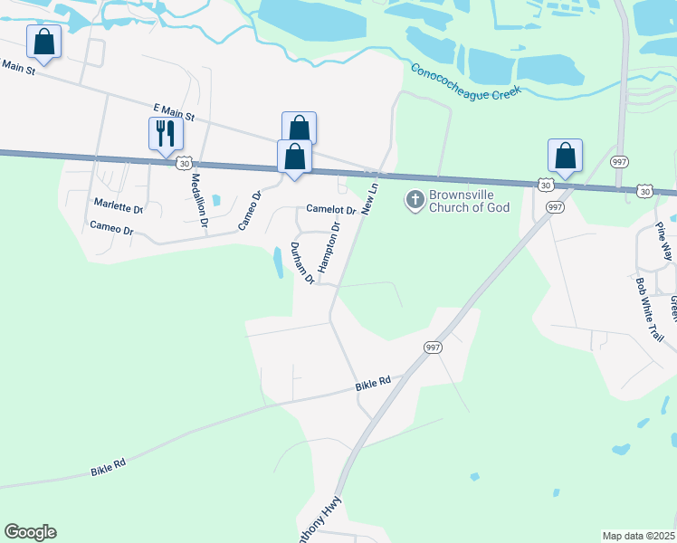 map of restaurants, bars, coffee shops, grocery stores, and more near 173 New Lane in Chambersburg