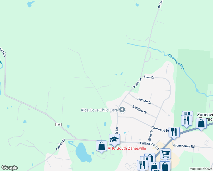 map of restaurants, bars, coffee shops, grocery stores, and more near 1439A Luby Lane in Zanesville