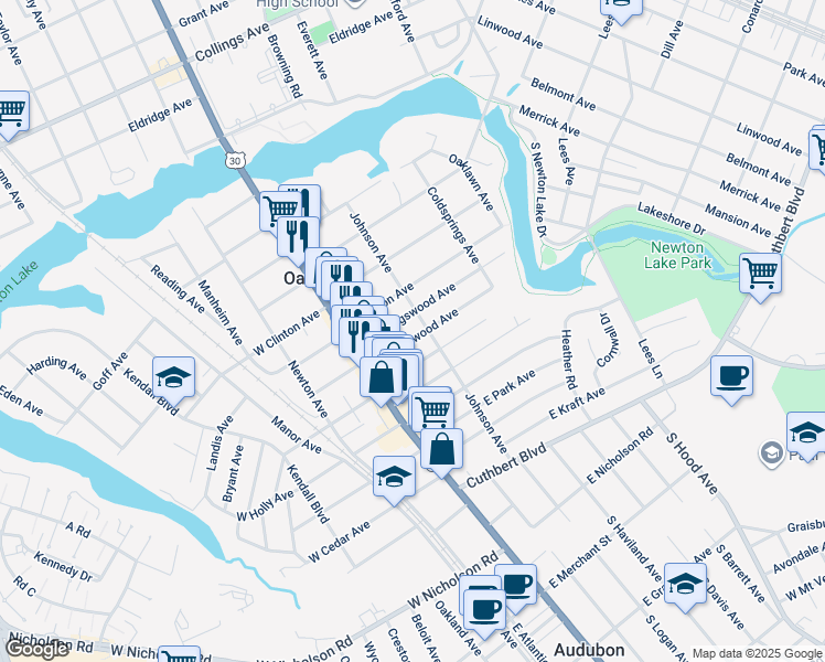 map of restaurants, bars, coffee shops, grocery stores, and more near 23 East Greenwood Avenue in Oaklyn