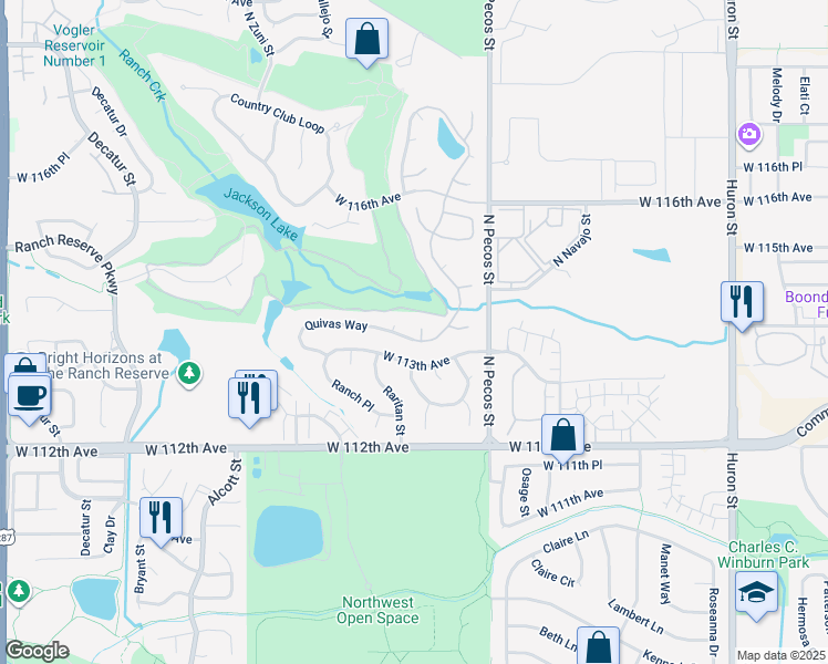 map of restaurants, bars, coffee shops, grocery stores, and more near 11353 Quivas Way in Westminster