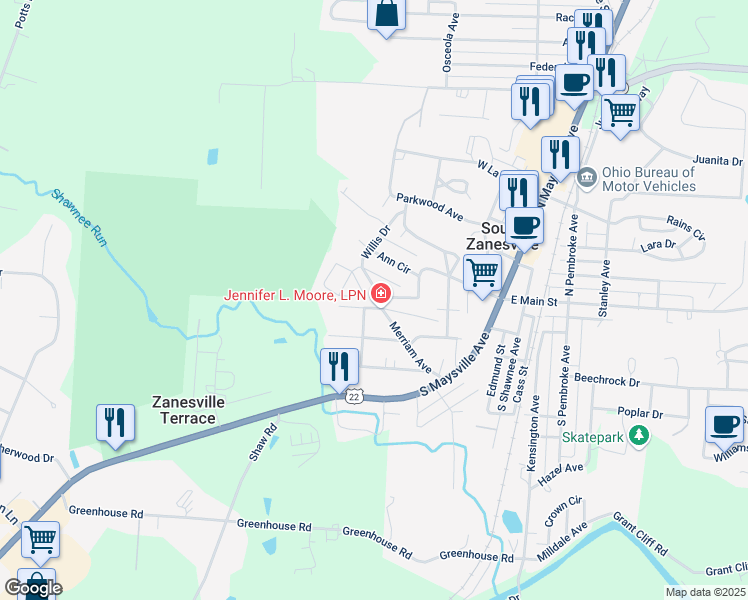 map of restaurants, bars, coffee shops, grocery stores, and more near 200 Willis Drive in Zanesville