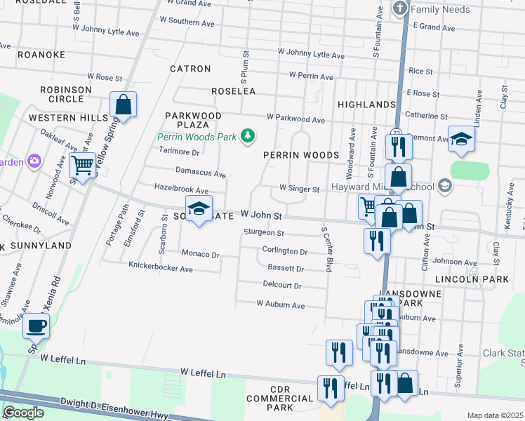 map of restaurants, bars, coffee shops, grocery stores, and more near 302 West John Street in Springfield