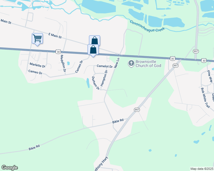 map of restaurants, bars, coffee shops, grocery stores, and more near 173 New Lane in Chambersburg