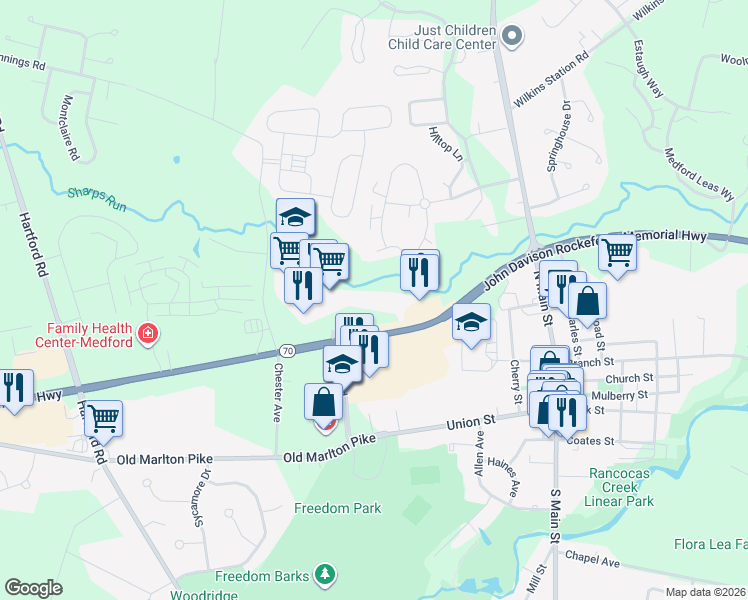 map of restaurants, bars, coffee shops, grocery stores, and more near 179 New Jersey 70 in Medford