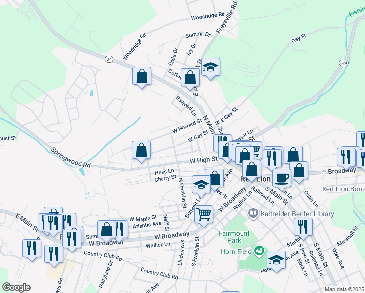 map of restaurants, bars, coffee shops, grocery stores, and more near 140 West Gay Street in Red Lion
