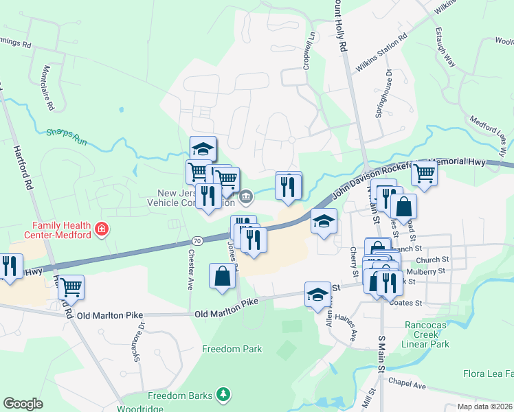 map of restaurants, bars, coffee shops, grocery stores, and more near 179 New Jersey 70 in Medford