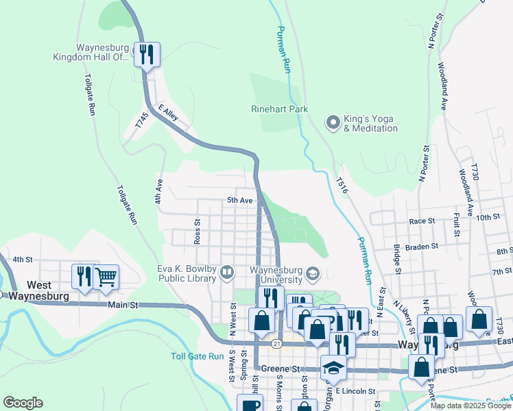 map of restaurants, bars, coffee shops, grocery stores, and more near 755 North Richhill Street in Waynesburg