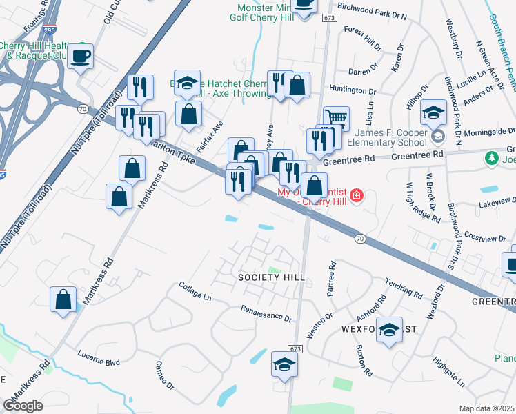 map of restaurants, bars, coffee shops, grocery stores, and more near 1875 New Jersey 70 in Cherry Hill