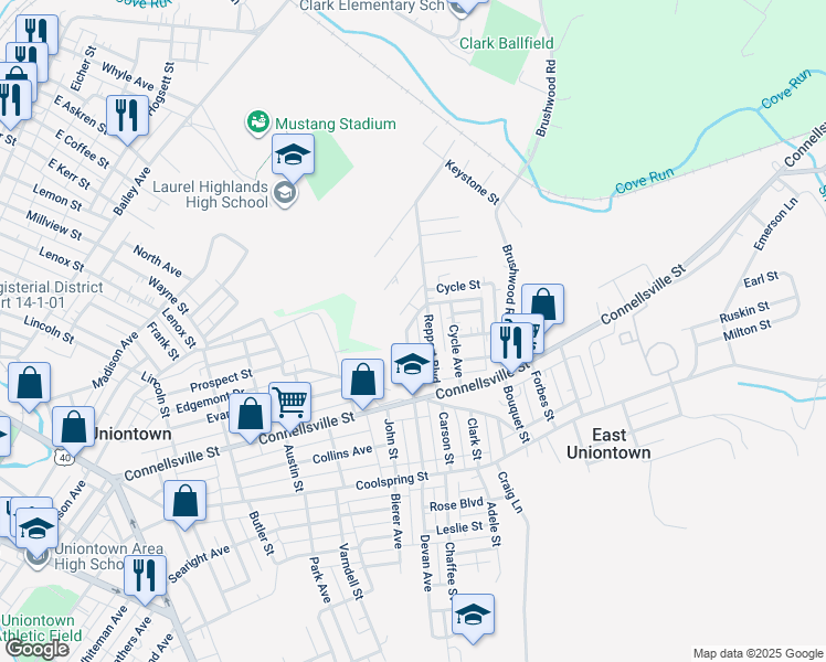 map of restaurants, bars, coffee shops, grocery stores, and more near 62 N Gordon St in Uniontown