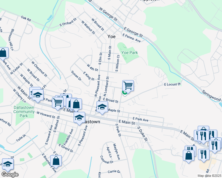 map of restaurants, bars, coffee shops, grocery stores, and more near 258 Railroad Avenue in Dallastown
