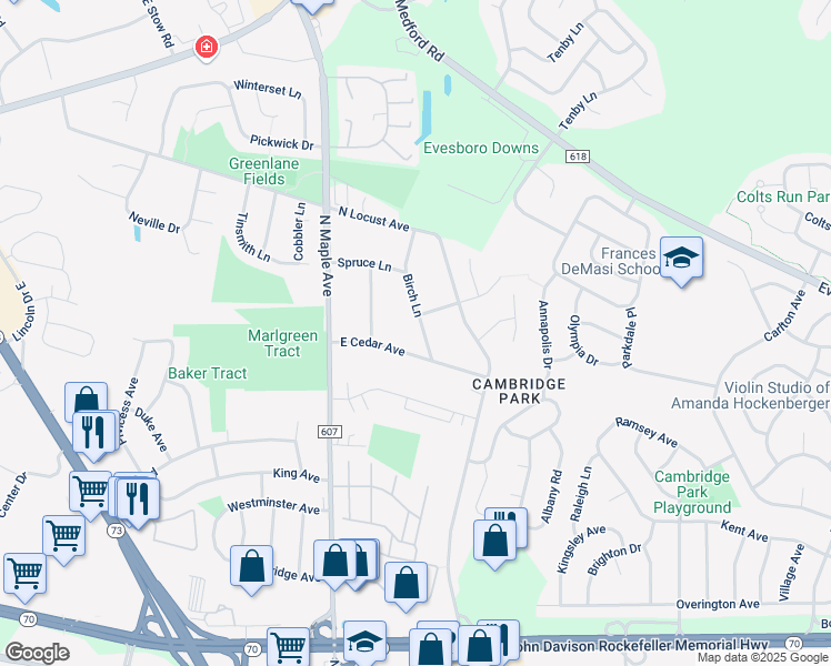 map of restaurants, bars, coffee shops, grocery stores, and more near 16 Birch Lane in Evesham