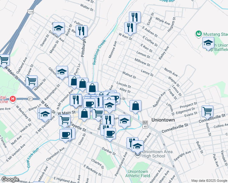 map of restaurants, bars, coffee shops, grocery stores, and more near 66 North Gallatin Avenue in Uniontown