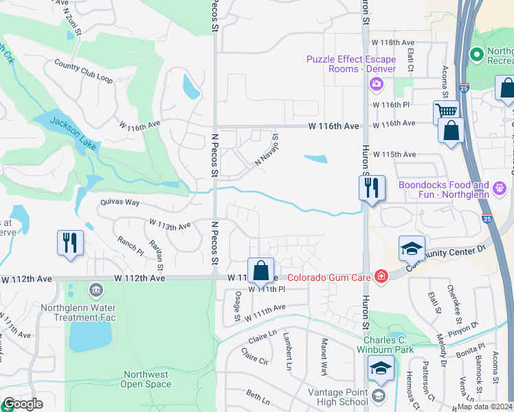 map of restaurants, bars, coffee shops, grocery stores, and more near 11329 Navajo Circle in Westminster