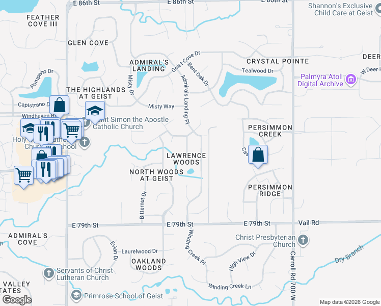 map of restaurants, bars, coffee shops, grocery stores, and more near 8111 Lawrence Woods Place in Indianapolis