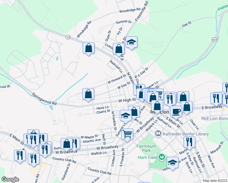 map of restaurants, bars, coffee shops, grocery stores, and more near 140 West Gay Street in Red Lion