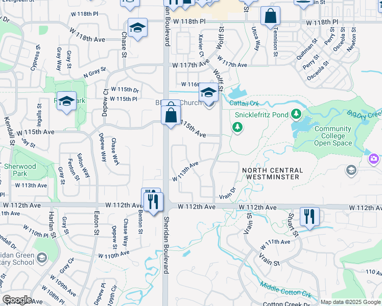 map of restaurants, bars, coffee shops, grocery stores, and more near 11314 Xavier Drive in Westminster