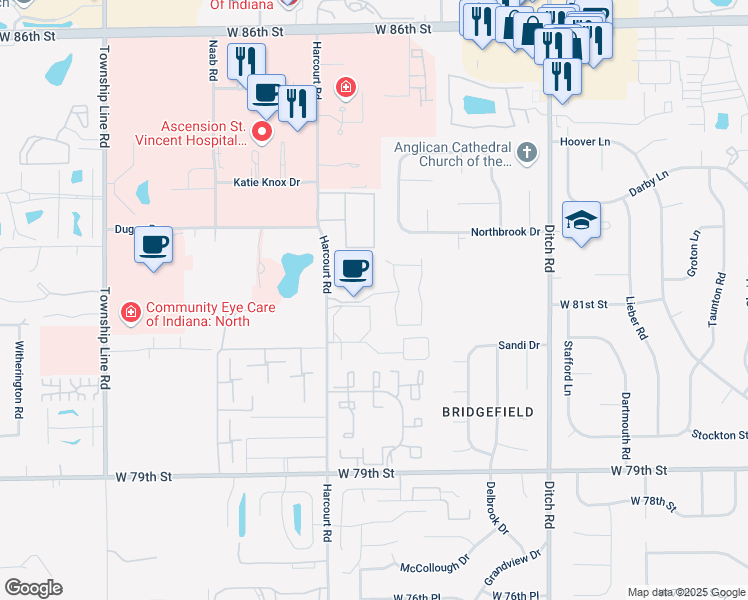 map of restaurants, bars, coffee shops, grocery stores, and more near 1749 Century Way in Indianapolis
