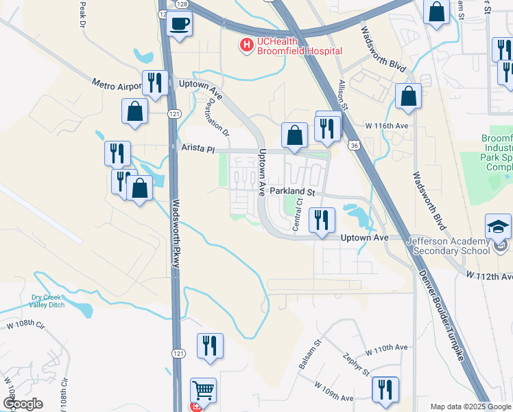 map of restaurants, bars, coffee shops, grocery stores, and more near 11311 Uptown Avenue in Broomfield