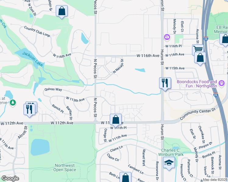 map of restaurants, bars, coffee shops, grocery stores, and more near 11329 Navajo Circle in Westminster