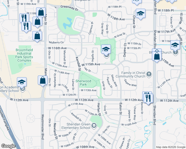 map of restaurants, bars, coffee shops, grocery stores, and more near 11386 Harlan Street in Westminster
