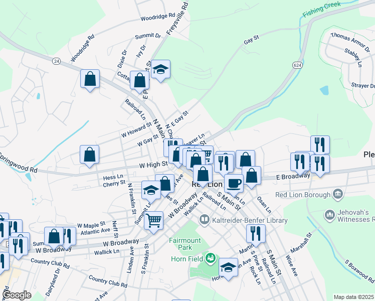 map of restaurants, bars, coffee shops, grocery stores, and more near 47 East High Street in Red Lion