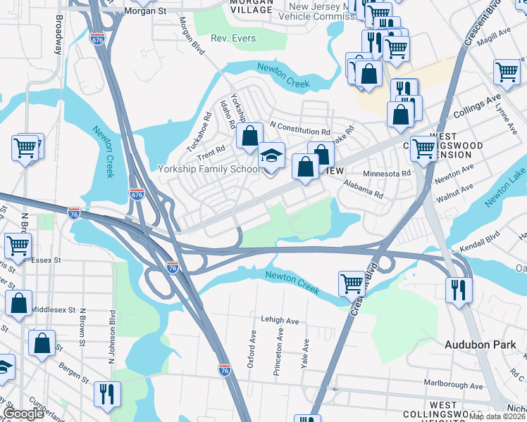 map of restaurants, bars, coffee shops, grocery stores, and more near 1158 South Merrimac Road in Camden
