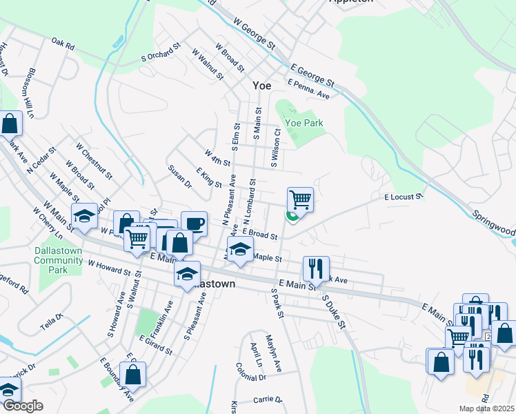 map of restaurants, bars, coffee shops, grocery stores, and more near 258 Railroad Avenue in Dallastown