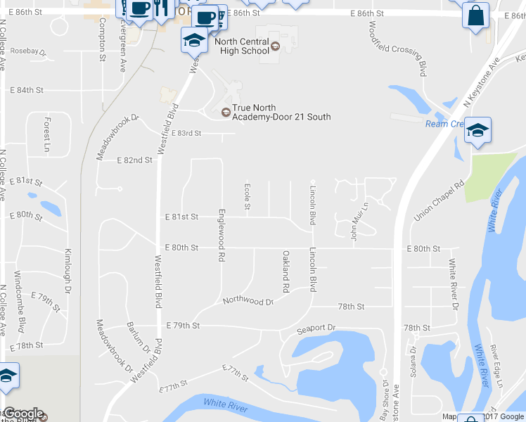 map of restaurants, bars, coffee shops, grocery stores, and more near 1740 East 81st Street in Indianapolis