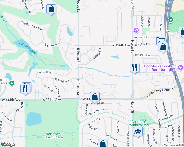 map of restaurants, bars, coffee shops, grocery stores, and more near 11368 Navajo Circle in Westminster