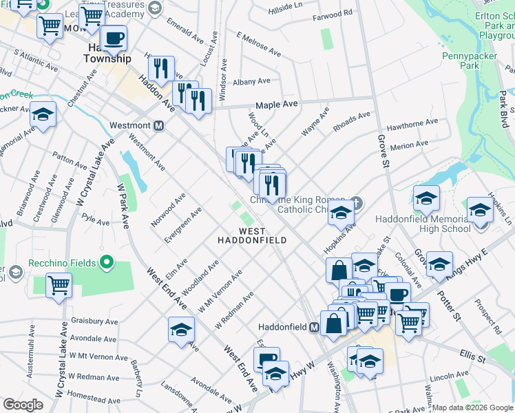 map of restaurants, bars, coffee shops, grocery stores, and more near 400 North Haddon Avenue in Haddonfield
