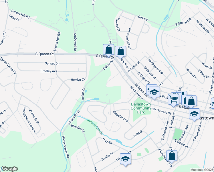 map of restaurants, bars, coffee shops, grocery stores, and more near 424 West Howard Street in Dallastown