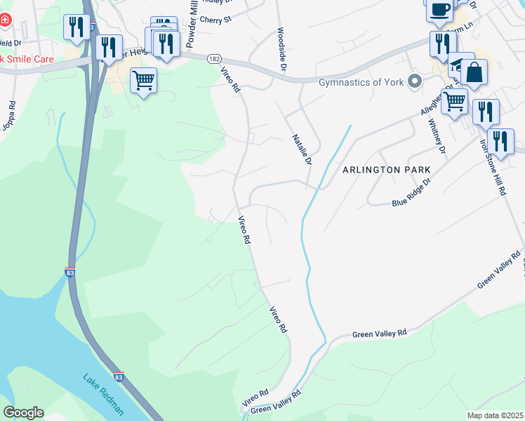 map of restaurants, bars, coffee shops, grocery stores, and more near 2730 Sierra Drive in York